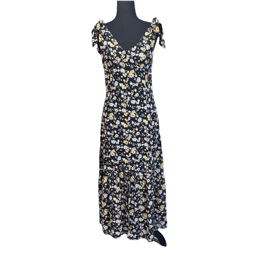 Lulus Y2K Babydoll Floral Chiffon Midi Dress Size Small Black Romantic Fairy